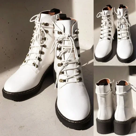 NEW White Faux Vegan Leather Laced Up Lug Sole Platform Ankle Combat Boots Shoes - Picture 6 of 12